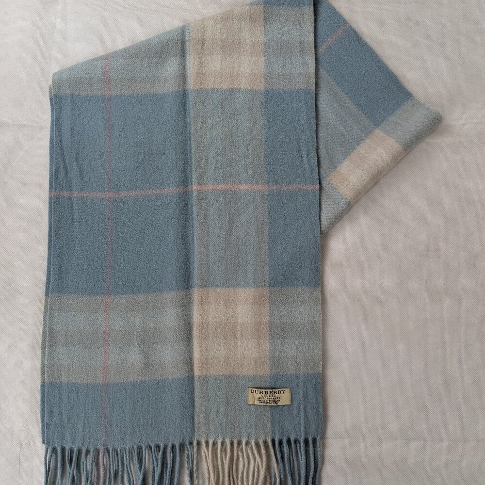 Burberry London Classic Nova Check 100% Cashmere Blue Scarf Made In England